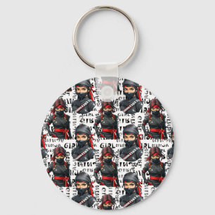 Ninja Flickor Anime Med Textmönsterdesign Nyckelring