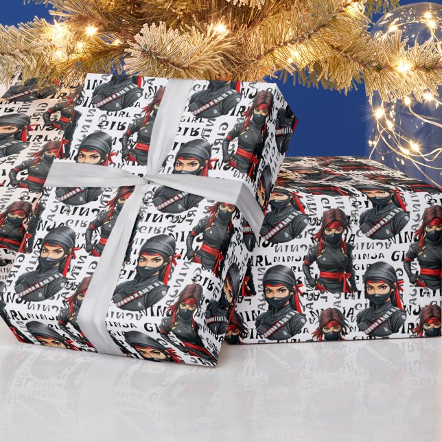 Ninja Flickor Anime Med Textmönsterdesign Presentpapper (Skapare uppladdad)