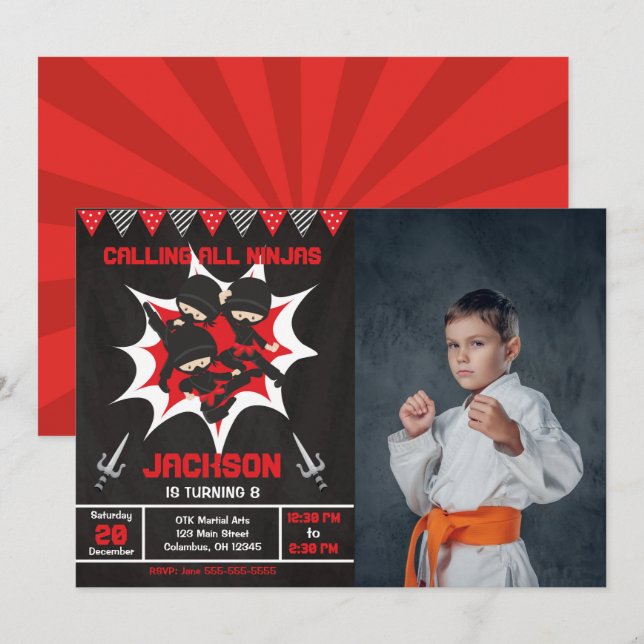 Ninja Födelsedag Karate Ninja Fest Foto  Inbjudningar (Fram/baksida)