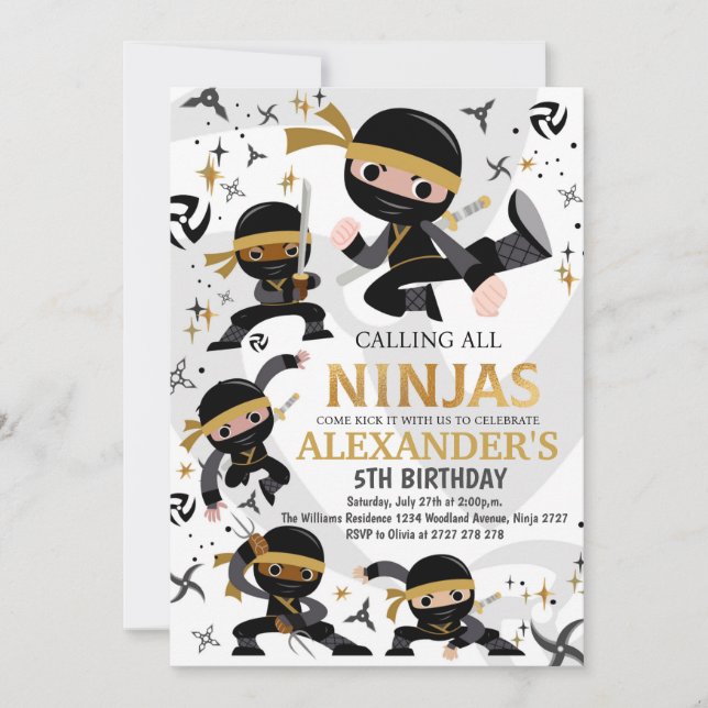 Ninja Födelsedagsfest inbjudan Karate Party Guld (Framsida)