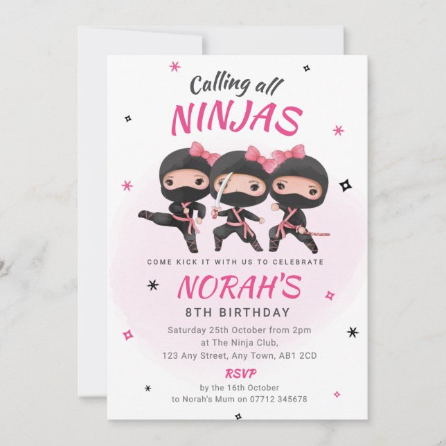 Ninja födelsedagsinbjudan rosa flickor karate fest inbjudningar (Framsida)