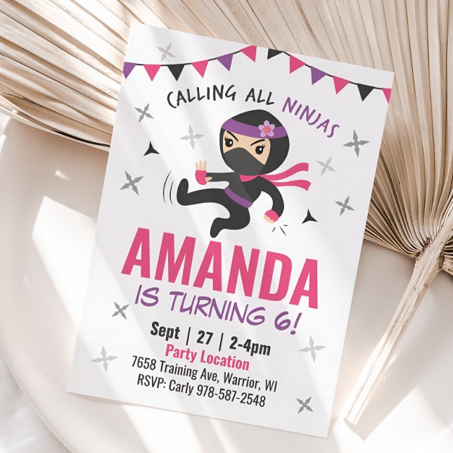 Ninja Girl Birthday Bjud, Cute Rosa Karate Inbjudningar (Girl Ninja Birthday Invitation)