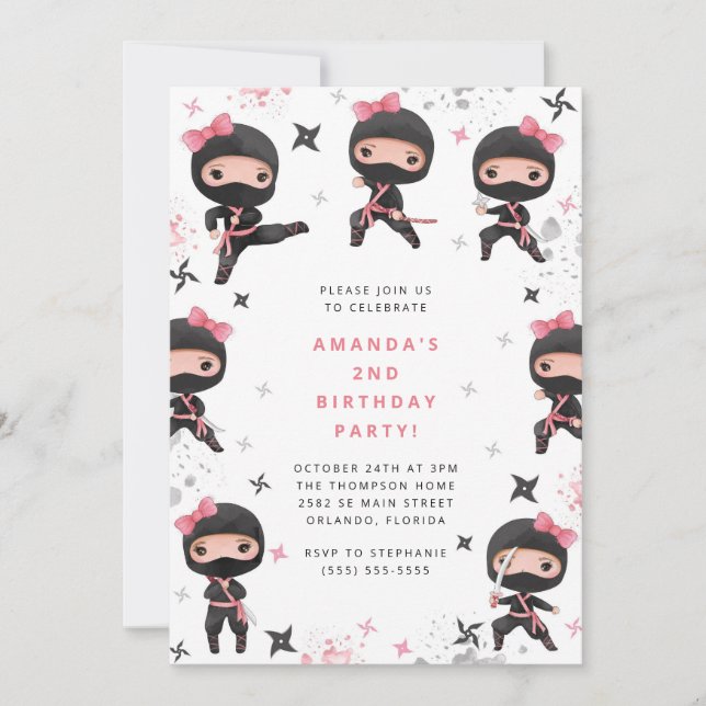 Ninja Girl Birthday Invitation, Cute Pink Karate Inbjudningar (Framsida)
