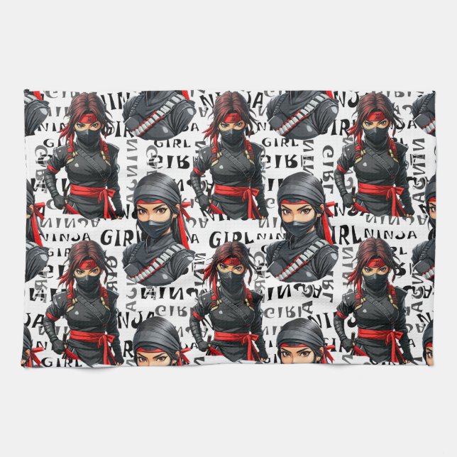 Ninja Girls Anime With Text Pattern Design Kökshandduk (Horisontell)