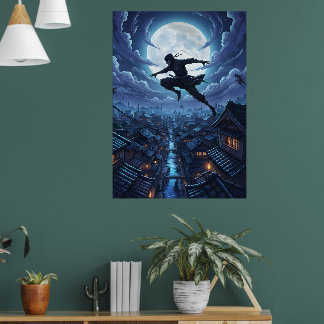 Ninja hoppar över tak under månljus poster