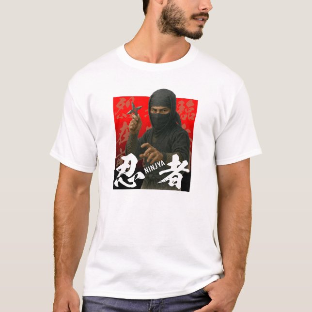 Ninja i Black med Kanji och Red Backdroppe T Shirt (Framsida)