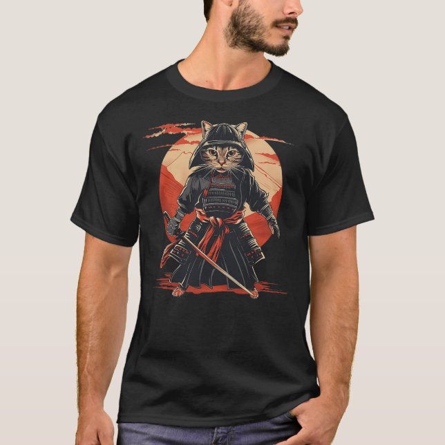 Ninja Japanese Art Samurai Cat Kitten T Shirt (Framsida)