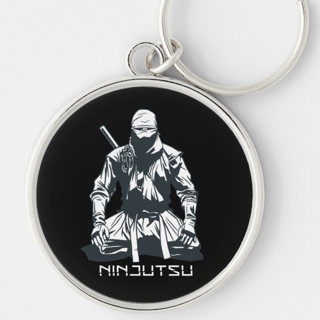 Ninja Japansk Ninjutsu Mördare Design Rund Silverfärgad Nyckelring (Framsidan)