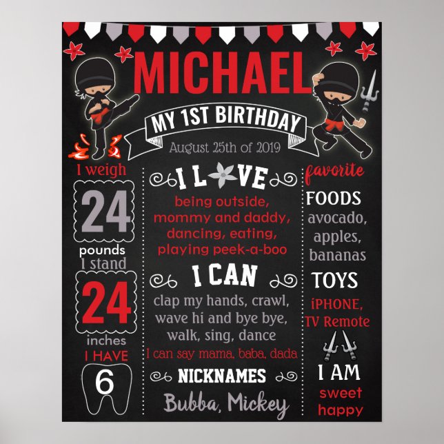 Ninja Karate Birthday chalkboard Poster (Framsidan)