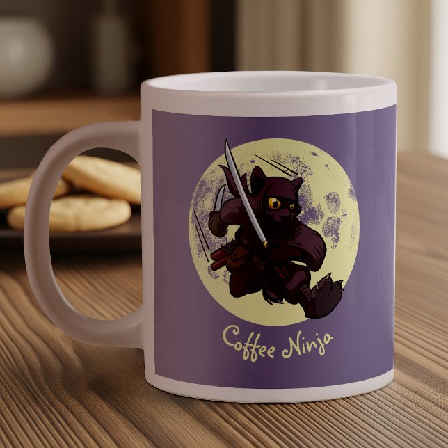 Ninja Katana Swords Flies Kick Tecknad Black Cat Jumbo Mugg (Skapare uppladdad)