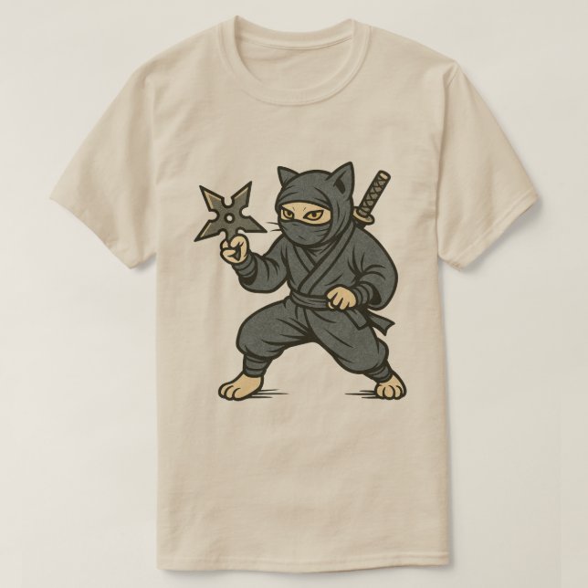 Ninja Katt Katana och Shuriken T Shirt (Design framsida)