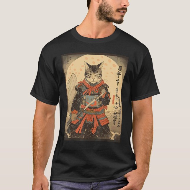 Ninja Katt Samurai Svärd Meow Krigare T Shirt (Framsida)
