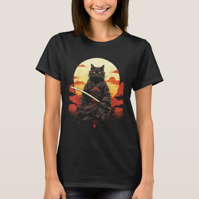 Ninja Katt Samurajsvärd Meow Krigare T Shirt (Framsida)