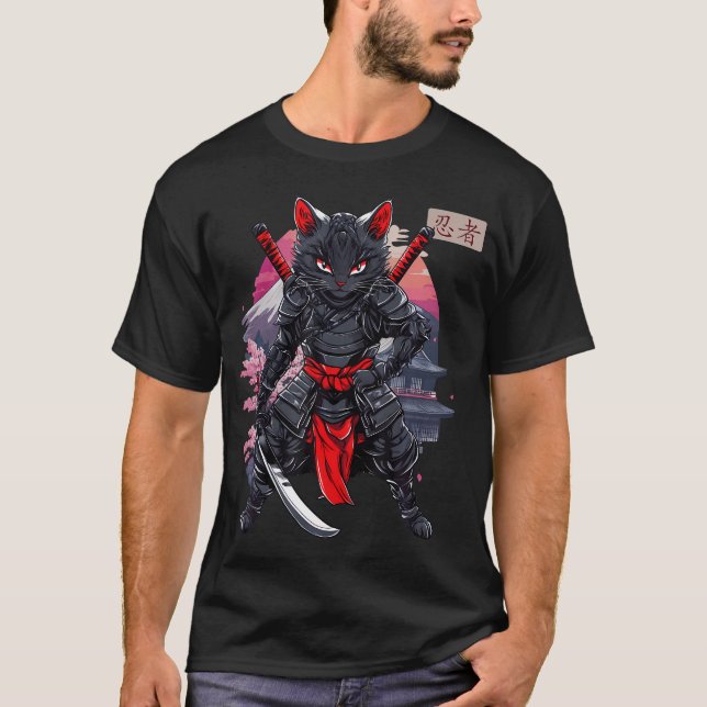 Ninja Kittel Japansk Samuraj Katt Kawaii Ninja T Shirt (Framsida)