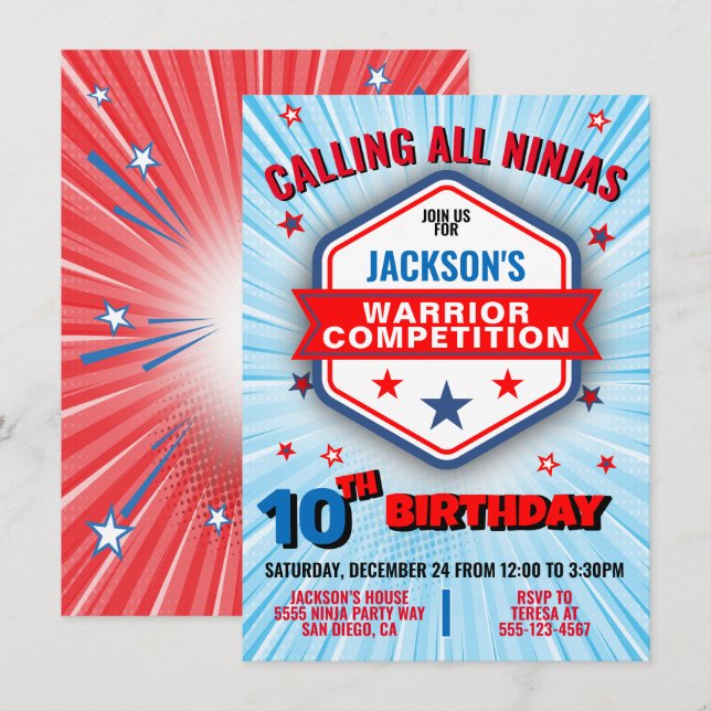 Ninja-krigaren födelsedagsfest inbjudan (Fram/baksida)