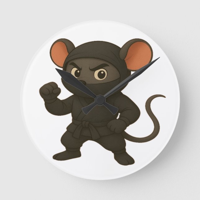 Ninja Mouse Wall Clock | Lusnyare Tecknad Martial  Rund Klocka (Framsida)