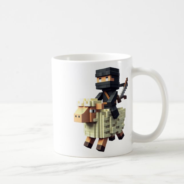 Ninja Ridning Får Block Stil Karaktär Pixel Art Kaffemugg (Höger)