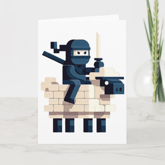 Ninja Ridning Får Block Stil Karaktär Pixel Art Kort (Framsida)