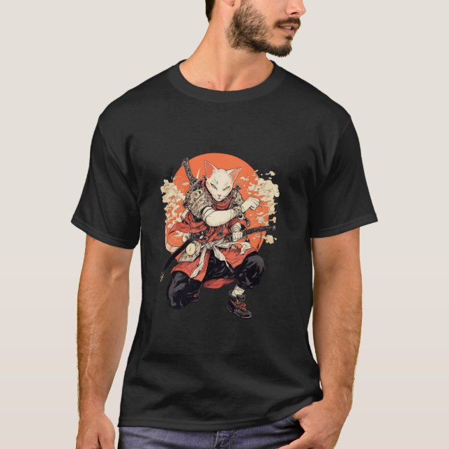 Ninja slåss japansk krigare katt samurai t shirt (Framsida)