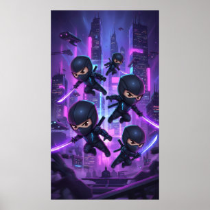 Ninja som håller ett lysande svärd i futuristiska poster