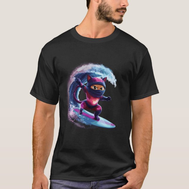 Ninja Surfing Katt Våg Fantasy T Shirt (Framsida)