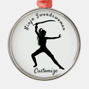 Ninja Swordswomen Silhouette Thunder_Cove Julgransprydnad Metall