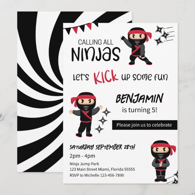 Ninja Tema Födelsedag Kampkonst Krigare Inbjudningar (Fram/baksida)