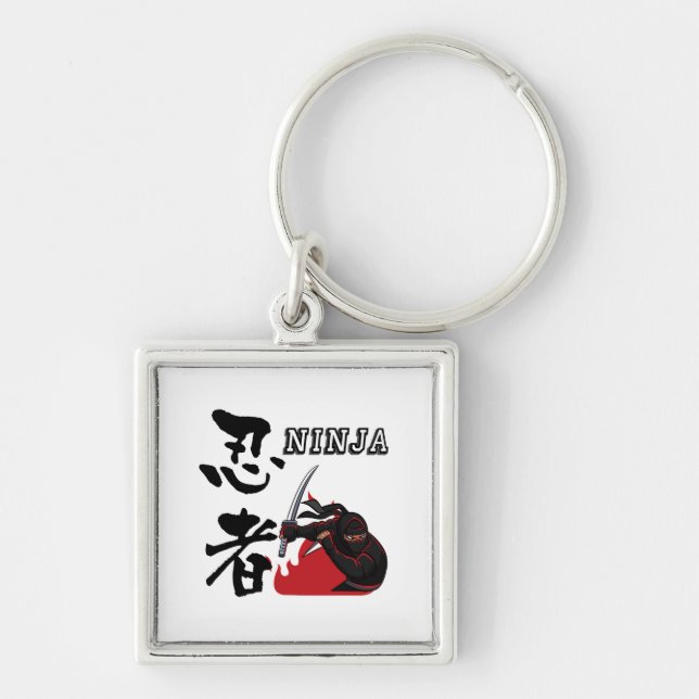 Ninja - Time to go to battle- Fyrkantig Silverfärgad Nyckelring (Framsidan)