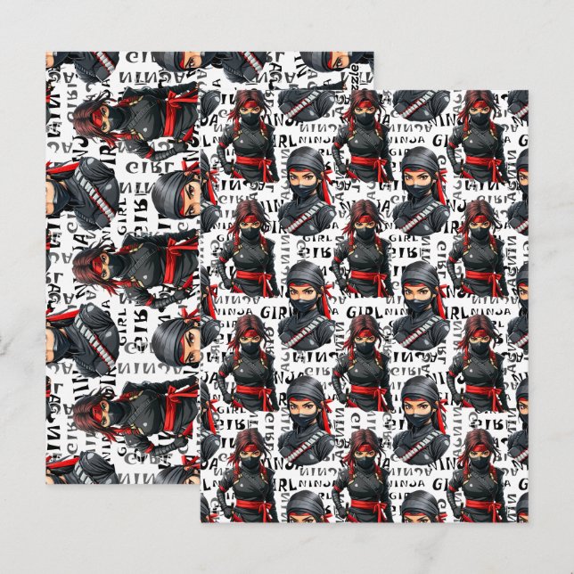 Ninja tjejer anime med text mönsterdesign vykort (Fram/baksida)