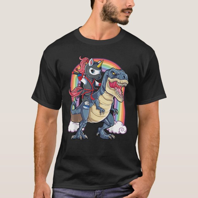 Ninja Unicorn Riding Dinosaur T rex T Shirt (Framsida)