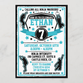 Ninja Warrior Boy Födelsedagsfest Black & Teal Inbjudningar