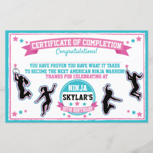 Ninja Warrior Girl Party Certificate of Complete