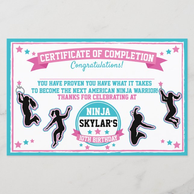 Ninja Warrior Girl Party Certificate of Complete (Framsida)