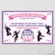 Ninja Warrior Girl Party Certificate of Complete