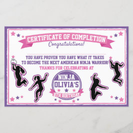 Ninja Warrior Girl Party Certificate of Complete