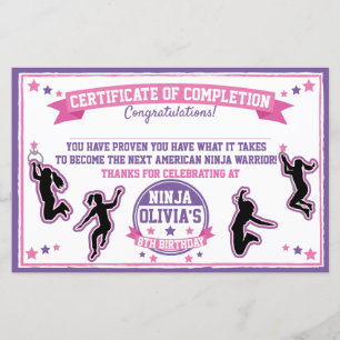 Ninja Warrior Girl Party Certificate of Complete