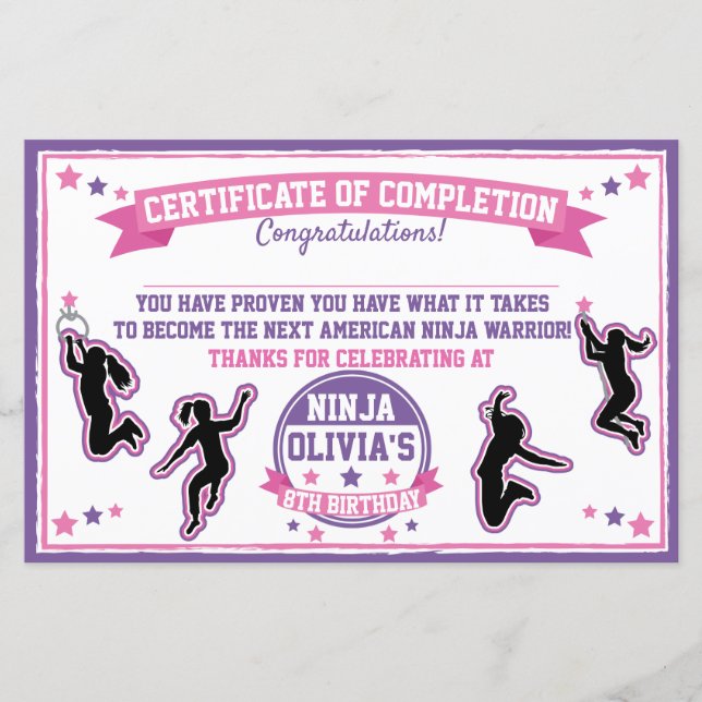 Ninja Warrior Girl Party Certificate of Complete (Framsida)