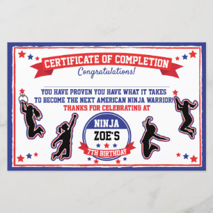 Ninja Warrior Girl Party Certificate of Complete