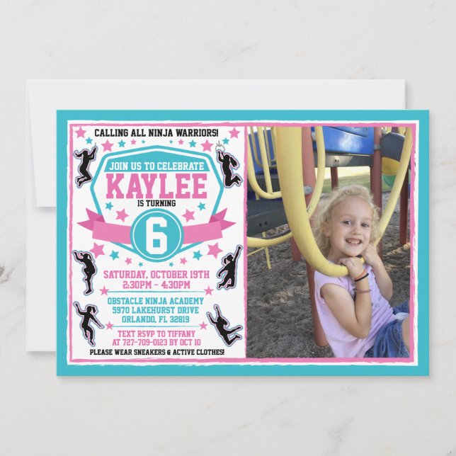 Ninja Warrior Girls Rosa Teal Birthday Photo Inbjudningar (Framsida)