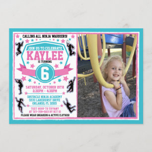 Ninja Warrior Girls Rosa Teal Birthday Photo Inbjudningar