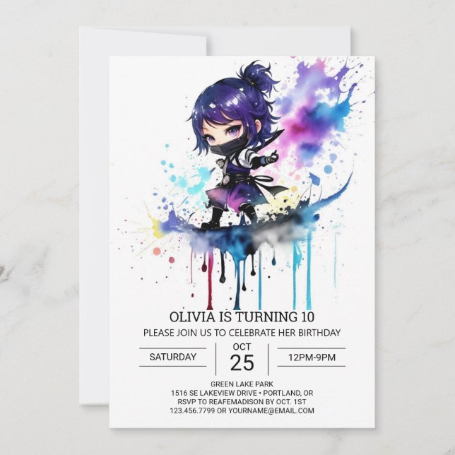 Ninja Watercolor Girly Birthday Inbjudningar (Framsida)