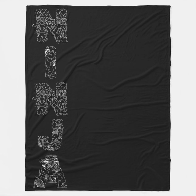 Ninja White Artsy Text på svart Fleecefilt (Framsidan)