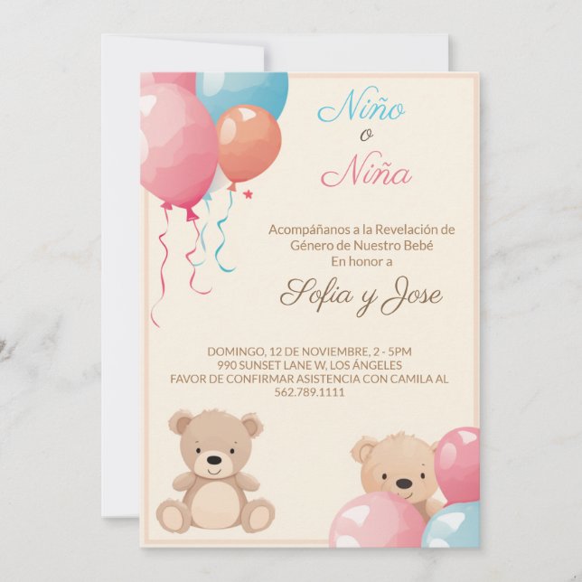 Nino o Nina Spanska Genderna Reveal bjudan Inbjudningar (Framsida)