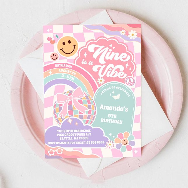 Nio Är En Känsla Groovy Regnbåge Disco 9-årsdag  Inbjudningar (Skapare uppladdad)