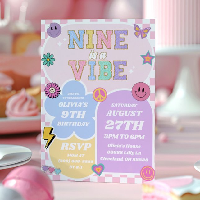 Nio är en Vibe Preppy Patch 9:e Födelsedagsfesten Inbjudningar (Skapare uppladdad)