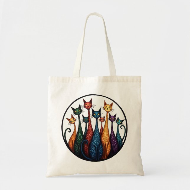 Nio färgstarka katter - Whimsiskt Kattdjur Art Sho Tygkasse (Framsidan)