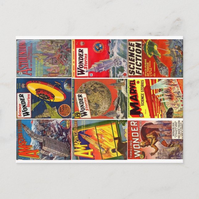 Nio klassiska Pulp Science Fiction-illustrationer  Vykort (Framsida)