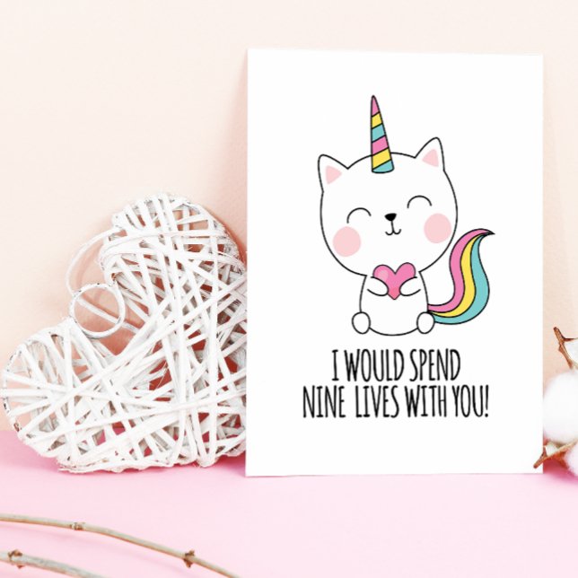 Nio Livs Kattmat Kawaii Alla Hjärtans Dag Helg Vykort (Everyday is Valentines Day here and there is no better card than this meowgical fantasy filled card.)