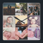 Nio Photo Collage-mall Fyrkantig Klocka<br><div class="desc">Fotokollage 9 Foto- och textmall ...  lägg bara till egna foton till den underbara väggklockan ...  som är lätta att anpassa ...  anpassadets fotomallklocka från Ricaso - perfektens presentidéer</div>