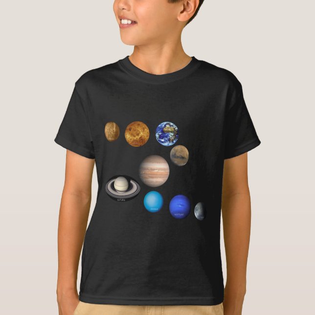 Nio planeter i solsystemet t-shirt (Framsida)